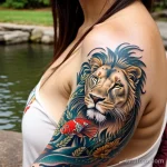 woman with a koi fish tattoo on her arm, symbolizing perseverance, sitting peacefully by a calm lake tattoo lion, on neck sexy g tatufoto.com 248