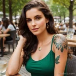 woman with a leaf tattoo on her collarbone, symbolizing nature, sitting at an outdoor café surrounded by greenery tattoo lion, o tatufoto.com 034