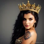 woman with a lion and crown tattoo on her shoulder, symbolizing strength, posing with a confident look tattoo lion, on neck sexy tatufoto.com 027