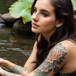 woman with a lotus and koi fish tattoo on her forearm, symbolizing perseverance, sitting by a river tattoo lion, on neck sexy gi tatufoto.com 176