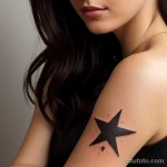 woman with a minimalist star tattoo on her wrist, symbolizing hope, looking thoughtfully at her hand tattoo lion, on neck sexy g tatufoto.com 208