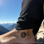 woman with a mountain tattoo on her ankle, symbolizing strength, looking up at a mountain range tattoo lion, on neck sexy girl, tatufoto.com 148