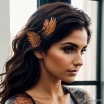woman with a phoenix tattoo on her shoulder, symbolizing rebirth, looking into the camera with a calm expression tattoo lion, on tatufoto.com 246