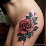 woman with a rose and dagger tattoo on her thigh, symbolizing strength, standing in a garden of roses tattoo lion, on neck sexy tatufoto.com 140