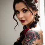 woman with a serpent and rose tattoo on her arm, symbolizing temptation, posing with a mysterious smile tattoo lion, on neck sex tatufoto.com 096