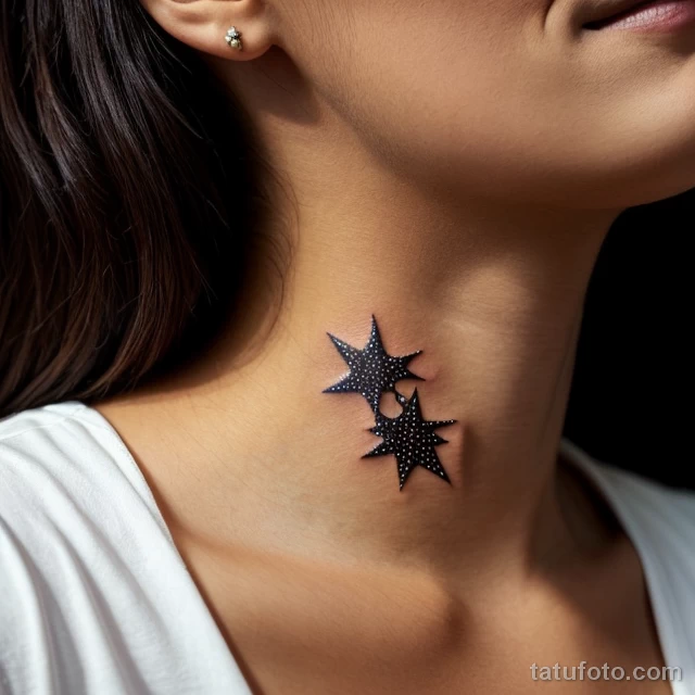 woman with a star constellation tattoo on her neck, symbolizing dreams, sitting under a clear night sky tattoo lion, on neck sex tatufoto.com 022