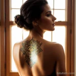 woman with a sun tattoo on her back, symbolizing vitality, standing in a sunlit room with golden light tattoo lion, on neck sexy tatufoto.com 052
