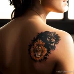 woman with a sun tattoo on her back, symbolizing vitality, standing in a sunlit room with golden light tattoo lion, on neck sexy tatufoto.com 182