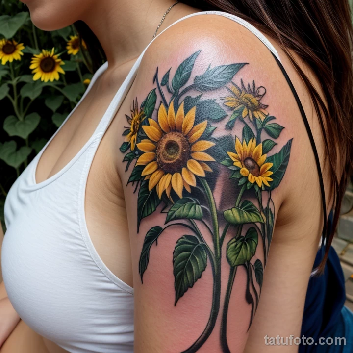 woman with a sunflower tattoo on her forearm, symbolizing happiness, sitting in a bright garden tattoo lion, on neck sexy girl, tatufoto.com 174