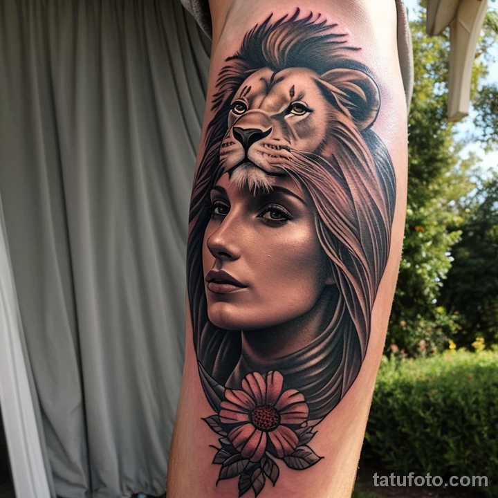 woman with a sword and flower tattoo on her arm, symbolizing balance, standing proudly in a sunlit field tattoo lion, on neck se tatufoto.com 171