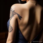 woman with an elegant tattoo on her back, wearing a classy dress tatufoto.com 042
