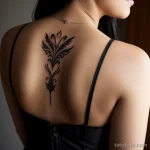 woman with an elegant tattoo on her back, wearing a classy dress tatufoto.com 043