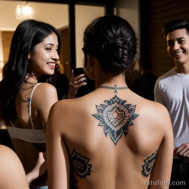 young woman showing her back tattoo to friends at a party tatufoto.com 095