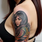 young woman with a colorful tattoo sleeve, looking thoughtfully at her arm tatufoto.com 014
