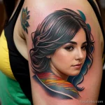 young woman with a colorful tattoo sleeve, looking thoughtfully at her arm tatufoto.com 030