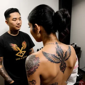 young woman with a large phoenix tattoo on her back tatufoto.com 103