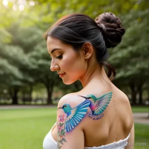 young woman with a watercolor style hummingbird tattoo on her shoulder S948299648 St40 G12 tatufoto.com 106