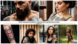 Коллаж из фотографий татуировок на телах современных людей. Разнообразие стилей и сюжетов: портреты, геометрические узоры, цветы.