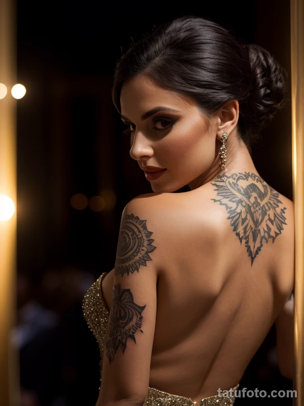Татуировки эскортниц - A glamorous woman at a gala event, revealing a crescent moon tattoo on her neck, highly detailed, ultra-realistic, 8K resolution tatufoto.com 026