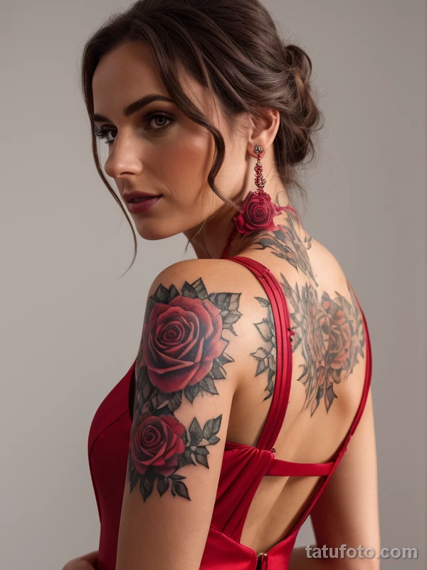 Татуировки эскортниц - A photorealistic image of a confident woman in a red evening dress, displaying a rose tattoo on her shoulder, highly detailed, u tatufoto.com 092