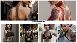 Фото тату: коллаж из различных женских татуировок, включая розы, геометрические узоры и большие татуировки на спине и руках.