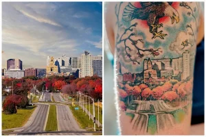 Коллаж из двух фотографий: городской пейзаж и татуировка-рукав с изображением города, орла и цветущей сакуры.