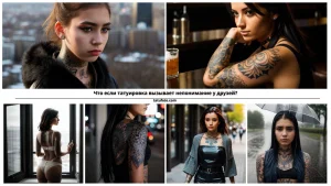 Коллаж фотографий девушки с детализированными татуировками на разных частях тела, демонстрирующий разнообразие стилей и дизайнов тату.