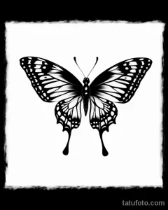 Черно-белое фото татуировки бабочки. Симметричный рисунок с детализированными крыльями, выполненный в графическом стиле.