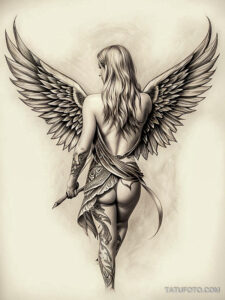 Черно-белое фото тату с изображением ангела с крыльями и мечом в руке. Детализированный рисунок для вдохновения.