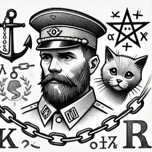 Черно-белый рисунок в стиле олдскул с изображением капитана в фуражке, рядом с кошкой и символами. Необычный и оригинальный эскиз для татуировки.