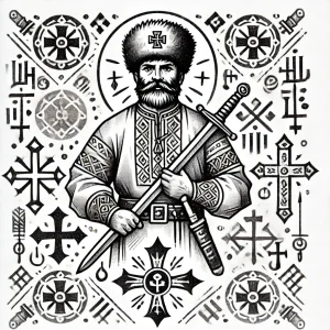 Черно-белое фото тату с изображением воина в шапке с мечом, окруженного славянскими символами и крестами.