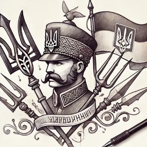 Черно-белое фото тату с изображением украинского воина в шапке, держащего трезубец и флаг Украины.