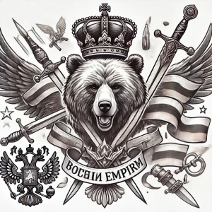 Черно-белое фото тату с изображением медведя в короне, окруженного оружием и символикой Российской империи.
