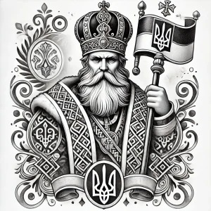 Черно-белое фото тату с изображением украинского князя в короне, держащего флаг с трезубцем.