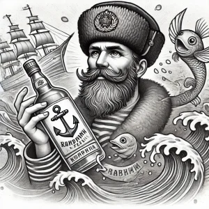 Черно-белый рисунок в стиле олдскул с изображением моряка, держащего бутылку рома, на фоне корабля и волн. Классический морской эскиз для татуировки.