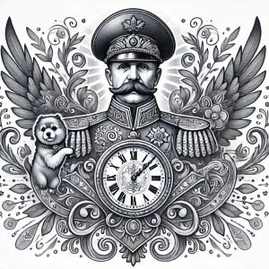 Черно-белое фото тату с изображением генерала с медведем и часами. Детализированный рисунок в стиле реализм.