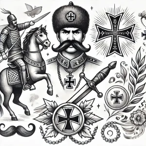 Черно-белый рисунок в традиционном стиле с изображением казака верхом на лошади, с крестом и другими символами. Эскиз татуировки с историческим подтекстом.