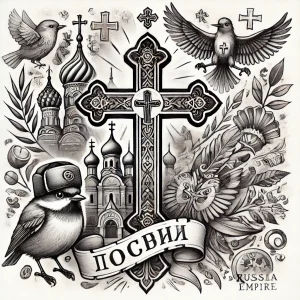 Черно-белый рисунок в традиционном стиле с изображением православного креста, церквей, птиц и других символов, связанных с Россией. Эскиз татуировки с историческим подтекстом.