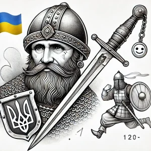 Черно-белое фото тату с изображением украинского воина в шлеме с мечом и щитом, на котором изображен трезубец.
