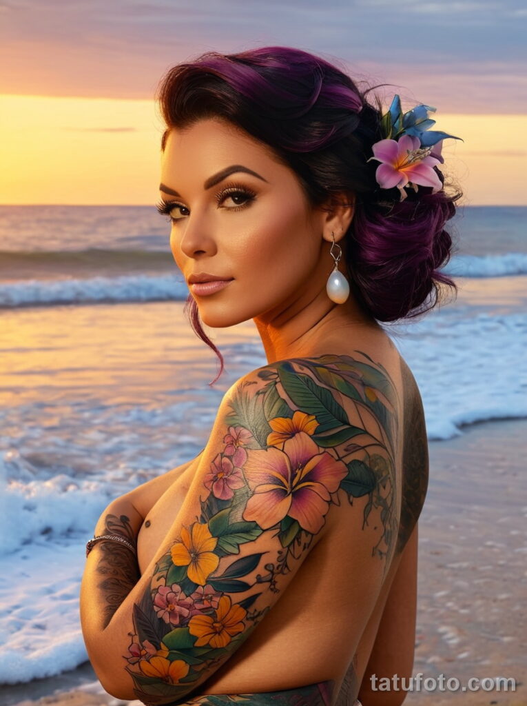 Красивая девушка с татуировкой цветок №005 - tatufoto.com 01112024