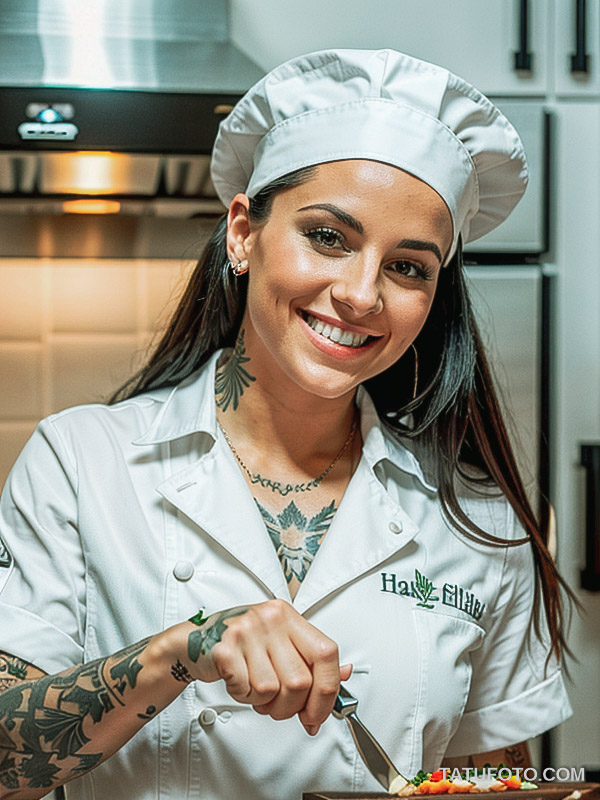 Кулинарные тату шеф-поваров - Attractive female chef with a tattoo of herbs on her forearm, tatufoto.com 051