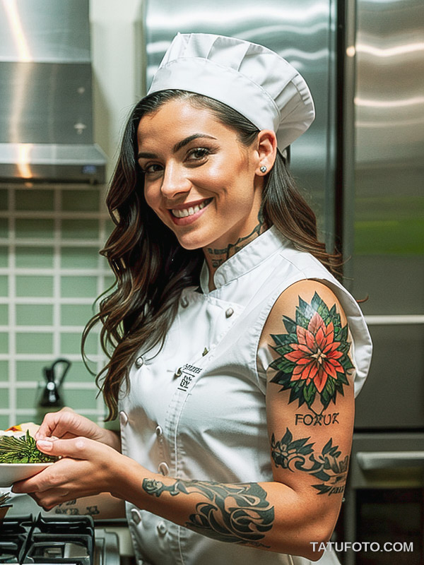 Кулинарные тату шеф-поваров - Attractive female chef with a tattoo of herbs on her forearm, tatufoto.com 052