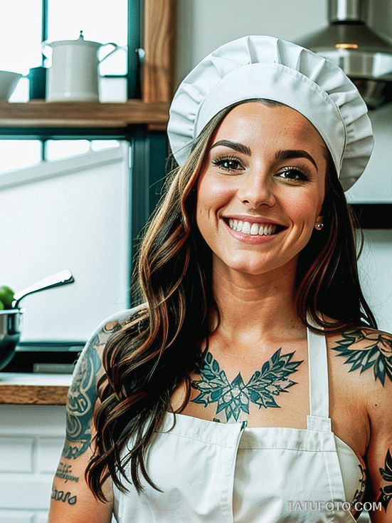 Кулинарные тату шеф-поваров - Beautiful chef with a tattoo of a mixing bowl and spoon, tatufoto.com 406