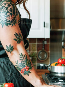 Кулинарные тату шеф-поваров - Beautiful chef with a tattoo of vegetables and herbs on her forearm, tatufoto.com 190