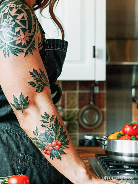Кулинарные тату шеф-поваров - Beautiful chef with a tattoo of vegetables and herbs on her forearm, tatufoto.com 190