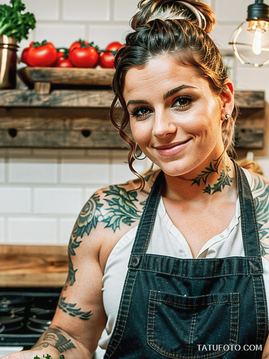 Кулинарные тату шеф-поваров - Beautiful chef with a tattoo of vegetables and herbs on her forearm, tatufoto.com 191