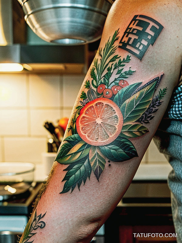 Кулинарные тату шеф-поваров - Beautiful chef with a tattoo of vegetables and herbs on her forearm, tatufoto.com 192