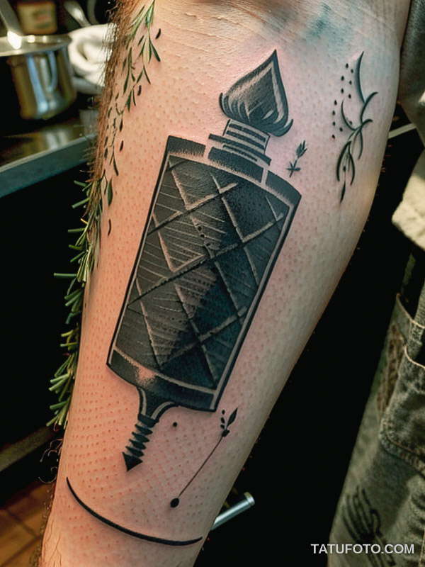Кулинарные тату шеф-поваров - Bold black ink sketch of a chef's knife with a sprig of rosemary, tatufoto.com 001