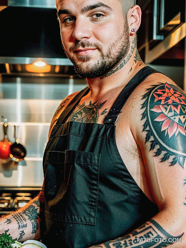 Кулинарные тату шеф-поваров - Chef with a tattoo of a butcher’s knife and vegetables on his forearm, tatufoto.com 233