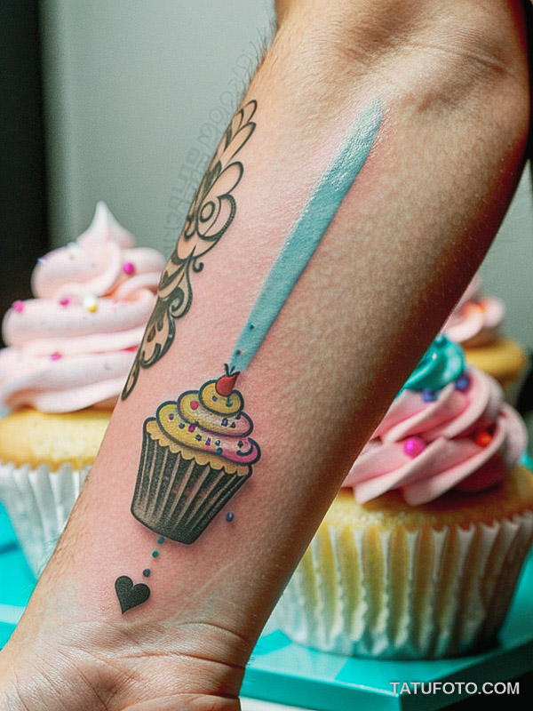 Кулинарные тату шеф-поваров - Close-up of a playful cupcake tattoo with sprinkles, tatufoto.com 055